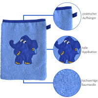 Set 3-tlg. ELEFANT blau, Kapuzenhandtuch, Waschhandschuh, L&auml;tzchen